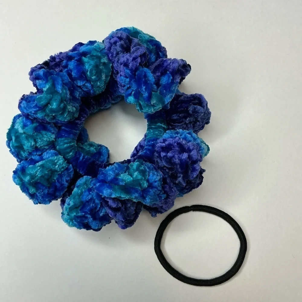 Crochet Scrunchie Oversize Hair Tie Blue Plush Crushed Velvet Handmade by Seller